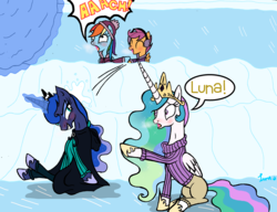 Size: 3873x2967 | Tagged: safe, artist:darkest-lunar-flower, princess celestia, princess luna, rainbow dash, scootaloo, alicorn, pegasus, pony, g4, best sisters, clothes, crown, dialogue, glowing, glowing horn, high res, horn, jewelry, magic, onomatopoeia, playing, regalia, royal sisters, scarf, scootalove, snow, snowball, snowball fight, sound effects, speech bubble, telekinesis