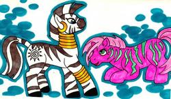 Size: 600x347 | Tagged: dead source, safe, artist:skypinpony, zecora, zig zag, zebra, g1, g4, pony friends, square crossover, traditional art