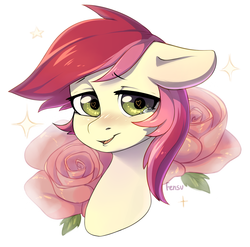Size: 1629x1608 | Tagged: safe, artist:fensu-san, roseluck, earth pony, pony, g4, blushing, bust, crying, cute, female, floppy ears, flower, heart eyes, laughing, looking at you, loving gaze, mare, open mouth, portrait, rose, simple background, smiling, solo, sparkles, white background, wingding eyes