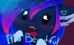 Size: 540x326 | Tagged: safe, artist:magnaluna, princess luna, alicorn, pony, animated, blushing, cute, ear fluff, fangs, female, floppy ears, galaxy mane, gif, heart, it's beautiful, lunabetes, mare, open mouth, reaction image, solo, vibrating, wingding eyes