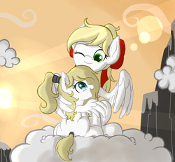 Size: 4000x3700 | Tagged: safe, artist:lemon, oc, oc only, oc:kyrie, oc:luftkrieg, pegasus, pony, aryan, aryan pony, blonde, bow, cloud, cute, day, duo, female, filly, foal, high res, hug, looking at each other, looking down, looking up, mare, mother and daughter, mountain, nazipone, one eye closed, outdoors, ponytail, rear view, ribbon, sitting, sitting on a cloud, sky, smiling, spread wings, winghug, wink