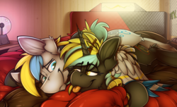 Size: 3591x2178 | Tagged: safe, artist:ralek, oc, oc only, oc:cirrus sky, oc:electro current, hippogriff, original species, pony, unicorn, bedroom, bedroom eyes, cirrent, cuddling, cute, digital multimeter, explicit source, high res, hug, male, oc x oc, on bed, plasma ball, shipping, smiling, snuggling, straight, talons, tongue out, winghug