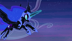 Size: 1280x738 | Tagged: safe, screencap, nightmare moon, alicorn, pony, g4, princess twilight sparkle (episode), animation error, female, flying, glowing horn, horn, mare, solo