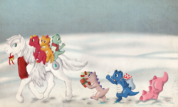 Size: 2000x1203 | Tagged: safe, artist:soch-chy, fiery, flash (g1), prickles, princess tiffany, smokey, sparks (g1), spiny, dragon, g1, baby dragon, bells, candy, candy cane, christmas, flash, food, holiday, present, sparks
