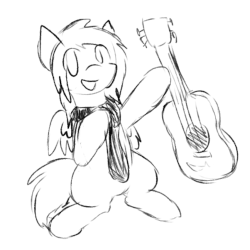 Size: 898x898 | Tagged: safe, artist:candel, oc, oc only, oc:candlelight, pony, animated, barely animated, clothes, cute, dancing, gif, guitar, monochrome, scarf, sketch, solo, two-frame gif