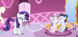 Size: 1293x618 | Tagged: safe, artist:lunaticdawn, rarity, rumble, sweetie belle, pegasus, pony, unicorn, g4, belle sisters, carousel boutique, caught, colt, cutie mark, dialogue, female, filly, foal, horn, interrupted, kissing, making out, male, mare, raised hoof, ship:rumbelle, shipping, show accurate, siblings, sisters, straight, the cmc's cutie marks