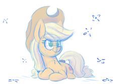 Size: 1280x853 | Tagged: safe, artist:heir-of-rick, applejack, g4, chest fluff, colored sketch, cute, female, jackabetes, prone, simple background, smiling, solo, white background