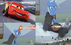 Size: 850x535 | Tagged: safe, edit, screencap, trixie, pony, unicorn, g4, magic duel, alicorn amulet, car, cars (pixar), cars 3, lightning mcqueen, meme, this will end in tears, we are going to hell