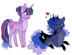 Size: 1024x778 | Tagged: safe, artist:pugoii, princess luna, twilight sparkle, pony, unicorn, g4, alternate design, butt fluff, chest fluff, colored hooves, cute, ear fluff, ears back, ethereal hair, ethereal mane, ethereal tail, eyes closed, eyeshadow, female, floppy ears, fluffy, gradient mane, gradient tail, hair bun, heart, jewelry, lesbian, lying down, makeup, mare, open mouth, pale belly, prone, race swap, rainbow power, ship:twiluna, shipping, simple background, smiling, sparkly mane, sparkly tail, starry mane, starry tail, tail, tail feathers, tiara, transparent background, turned head, unicorn luna, unicorn twilight, wingless