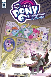 Size: 1054x1600 | Tagged: safe, artist:tonyfleecs, idw, angel bunny, applejack, fluttershy, pinkie pie, princess celestia, rainbow dash, rarity, shadow lock, spike, twilight sparkle, alicorn, earth pony, pegasus, pony, unicorn, g4, spoiler:comic, spoiler:comic51, cloak, clothes, female, floating, frown, glowing eyes, glowing horn, horn, lidded eyes, magic, male, mane seven, mane six, mare, open mouth, smiling, spread wings, stallion, twilight sparkle (alicorn), unshorn fetlocks, wide eyes, worried