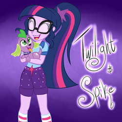 Size: 1024x1024 | Tagged: dead source, safe, artist:wubcakeva, sci-twi, spike, spike the regular dog, twilight sparkle, dog, equestria girls, g4, my little pony equestria girls: legend of everfree, clothes, cute, eyes closed, glasses, happy, open mouth, shorts, tongue out, twiabetes