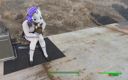 Size: 1440x900 | Tagged: safe, artist:elvin, rarity, anthro, plantigrade anthro, g4, 3d, clothes, fallout 4, female, game mod, hud, mod, pipboy, sitting, skirt, solo