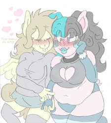 Size: 1681x1867 | Tagged: safe, artist:blackbewhite2k7, featherweight, oc, pig, anthro, g4, bbw, big breasts, blushing, breasts, fat, female, heart, holding hands, lesbian, makeup, pastel goth, poking, rule 63, surprised