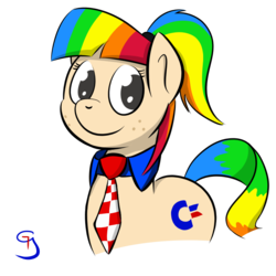 Size: 800x800 | Tagged: safe, artist:glimglam, oc, oc only, oc:sidney, pony, amiga, commodore 64, freckles, necktie, ponified, rainbow hair, simple background, smiling, solo, transparent background