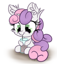 Size: 1156x1301 | Tagged: safe, artist:aurelleah, sweetie belle, pony, unicorn, g4, :t, blowing bubbles, chibi, chocolate, chocolate milk, cute, daaaaaaaaaaaw, diasweetes, drinking, ear fluff, female, filly, fluffy, impossibly large ears, milk, simple background, sitting, smiling, solo, straw, transparent background