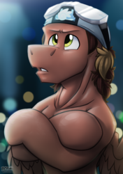 Size: 1687x2400 | Tagged: safe, artist:bcpony, oc, oc only, oc:swiftdust, pegasus, pony, arms, chest, clothes, fit, goggles, male, muscles, partial nudity, solo, topless