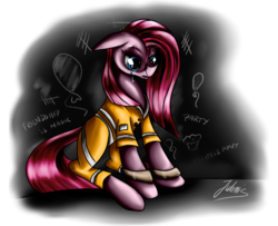 Size: 2965x2408 | Tagged: safe, artist:julunis14, pinkie pie, g4, clothes, crying, cuffs, female, high res, pinkamena diane pie, prison, prison outfit, prisoner pp, sad, shackles, simple background, solo, transparent background