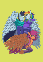 Size: 1418x2048 | Tagged: safe, rainbow dash, scootaloo, soarin', anthro, unguligrade anthro, g4, clothes, cover, green background, male, older, preggo dash, pregnant, ship:soarindash, shipping, simple background, straight, the dashies