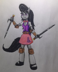 Size: 2050x2535 | Tagged: safe, artist:bozzerkazooers, octavia melody, equestria girls, g4, clothes, dual wield, elbow pads, female, high res, knee pads, mary janes, necktie, ninja, ponied up, skirt, socks, solo, sword, traditional art, weapon