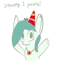 Size: 500x500 | Tagged: safe, artist:axisthechangeling, oc, oc only, oc:emerald jewel, colt quest, amulet, cute, hair over one eye, happy, hat, party hat, solo