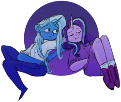 Size: 1280x1081 | Tagged: safe, artist:stevetwisp, starlight glimmer, trixie, human, g4, blushing, female, horn, horned humanization, humanized, lesbian, pony coloring, ship:startrix, shipping, simple background, transparent background