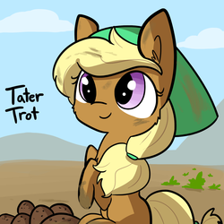 Size: 1280x1280 | Tagged: safe, artist:tjpones, oc, oc only, oc:tater trot, pony, cloud, cute, dirty, female, fluffy, food, hat, potato, sitting, sky, smiling, solo
