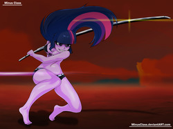 Size: 3744x2800 | Tagged: safe, artist:minusclass, twilight sparkle, equestria girls, g4, barefoot, bikini top, breasts, busty twilight sparkle, clothes, feet, female, front knot midriff, high res, midriff, scar, shorts, solo, stitches, swimsuit, sword, weapon