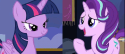 Size: 1108x480 | Tagged: safe, edit, edited screencap, screencap, starlight glimmer, twilight sparkle, alicorn, pony, unicorn, g4, to where and back again, animated, banner, blinking, book, box, candle, cropped, cute, female, gif, glimmerbetes, mare, mountain, painting, raised hoof, smiling, stairs, talking, twiabetes, twilight sparkle (alicorn), twilight's castle