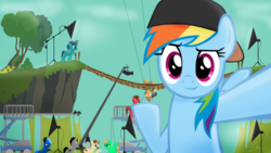 Size: 4464x2512 | Tagged: safe, artist:oinktweetstudios, quibble pants, rainbow dash, oc, earth pony, pegasus, pony, unicorn, g4, stranger than fan fiction, animated actors, backwards ballcap, baseball cap, behind the scenes, bridge, camera, cap, hat, lights, selfie