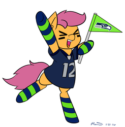 Size: 1280x1300 | Tagged: safe, artist:melodicmarzipan, scootaloo, g4, american football, clothes, female, nfl, seachicken, seattle seahawks, simple background, socks, solo, striped socks, white background
