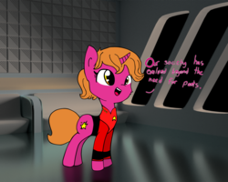 Size: 4162x3336 | Tagged: safe, artist:thepristineeye, artist:tjpones edits, color edit, edit, oc, oc only, pony, unicorn, 3d, blender, blender cycles, colored, crossover, dialogue, redshirt, solo, star trek, star trek: the next generation, ten forward, uss enterprise, we don't normally wear clothes