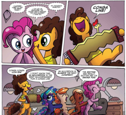 Size: 1015x928 | Tagged: safe, artist:agnes garbowska, idw, official comic, aurora muffin, cheese sandwich, java bolt, pinkie pie, pumpkin twizzle, earth pony, pegasus, pony, friends forever #34, g4, my little pony: friends forever, spoiler:comic, accordion, butt touch, conga, hoof on butt, musical instrument, nose in the air