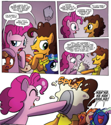 Size: 1064x1201 | Tagged: safe, artist:agnesgarbowska, idw, aurora muffin, cheese sandwich, java bolt, pinkie pie, pumpkin twizzle, earth pony, pegasus, pony, friends forever #34, g4, my little pony: friends forever, spoiler:comic, cute, food, pie, pie in the face, pied