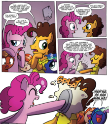 Size: 1064x1201 | Tagged: safe, artist:agnes garbowska, idw, official comic, aurora muffin, cheese sandwich, java bolt, pinkie pie, pumpkin twizzle, earth pony, pegasus, pony, friends forever #34, g4, my little pony: friends forever, spoiler:comic, cute, food, pie, pie in the face, pied