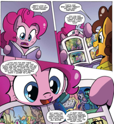 Size: 1013x1103 | Tagged: safe, artist:agnesgarbowska, idw, official comic, cheese sandwich, magical miasmo, pinkie pie, earth pony, pony, friends forever #34, g4, my little pony: friends forever, spoiler:comic, comic, female, male, mare, purple background, simple background, stallion