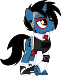 Size: 805x1010 | Tagged: safe, artist:lightningbolt, derpibooru exclusive, pony, unicorn, g4, .svg available, armband, belt, clothes, crossed hooves, ear piercing, earring, emo, eyeshadow, frank iero, horn, horn piercing, indifferent, jewelry, lip piercing, makeup, male, messy hair, my chemical romance, necktie, nose piercing, piercing, ponified, raised hoof, shaved, shirt, shoes, show accurate, simple background, sneakers, socks, solo, stallion, svg, tattoo, three cheers for sweet revenge, transparent background, undercut, undershirt, vector, vest