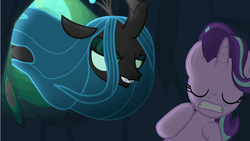 Size: 903x508 | Tagged: safe, screencap, queen chrysalis, starlight glimmer, changeling, changeling queen, pony, unicorn, g4, to where and back again, eyes closed, female