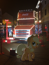 Size: 2448x3264 | Tagged: safe, artist:harvydraws, applejack, earth pony, human, pony, g4, coca-cola, female, hat, high res, irl, lights, mare, night, photo, photoshop, ponies in real life, scania, solo, town, truck, vector, window