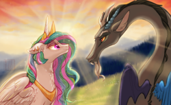 Size: 1132x692 | Tagged: safe, artist:butteredpawpcorn, discord, princess celestia, g4, chest fluff, crepuscular rays, ear piercing, earring, forest, grass, jewelry, looking at each other, male, piercing, ship:dislestia, shipping, straight