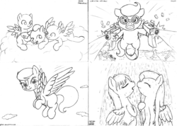 Size: 2325x1658 | Tagged: safe, artist:merkleythedrunken, fluttershy, rainbow dash, scootaloo, oc, oc:nudie, pegasus, pony, g4, dual wield, goggles, gun, hairless, monochrome, shower, sketch, weapon, wet mane