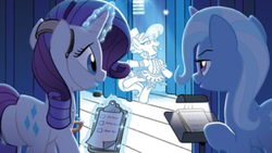 Size: 1136x640 | Tagged: safe, idw, rarity, sapphire shores, trixie, pony, unicorn, friends forever #37, g4, my little pony: friends forever, spoiler:comic, butt, clipboard, curtains, headphones, microphone, paper, plot, rearity, stage, upscaled