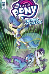 Size: 790x1199 | Tagged: safe, artist:agnesgarbowska, idw, rarity, sapphire shores, trixie, pony, unicorn, friends forever #37, g4, my little pony: friends forever, spoiler:comic, cape, clothes, cover, laser, measuring tape, my little pony logo, rope, trixie's cape, trixie's hat