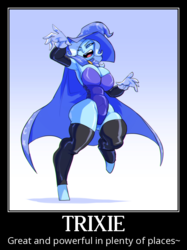 Size: 556x745 | Tagged: safe, artist:bigdad, edit, trixie, pony, satyr, unicorn, g4, armpits, big breasts, breasts, busty trixie, clothes, female, human facial structure, motivational poster, pony colored satyr, pony coloring, satyrized, socks, solo, thigh highs, trixie's cape, trixie's hat