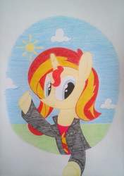 Size: 720x1022 | Tagged: safe, artist:莊博雅, sunset shimmer, pony, unicorn, g4, clothes, equestria girls outfit, female, solo, traditional art