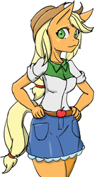 Size: 836x1524 | Tagged: safe, artist:tiroil, applejack, earth pony, anthro, g4, breasts, busty applejack, clothes, cowboy hat, denim skirt, equestria girls outfit, female, freckles, hand on hip, hat, looking at you, skirt, solo, stetson