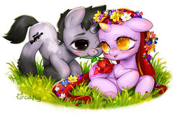 Size: 800x523 | Tagged: safe, artist:catmag, oc, oc only, oc:amora, pony, unicorn, blushing, duo, flower, grass, male, oc x oc, shipping, simple background, straight, white background