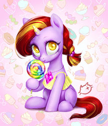 Size: 600x697 | Tagged: safe, artist:catmag, oc, oc only, oc:amora, pony, unicorn, candy, clothes, food, jewelry, lollipop, necklace, solo, tongue out