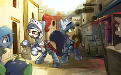 Size: 800x500 | Tagged: safe, artist:l8lhh8086, oc, oc only, pony, armor, barrel, doge, female, male, mare, market, medieval, meme, plume, stallion, sword, wanted poster, weapon