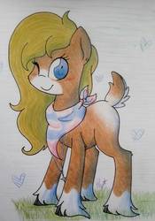 Size: 1076x1533 | Tagged: safe, artist:miss-racco0n, oc, oc only, oc:jessica, hybrid, cloven hooves, deer tail, long feather, solo, traditional art, unshorn fetlocks