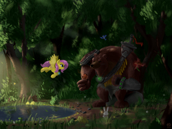 Size: 2048x1536 | Tagged: safe, artist:qzygugu, fluttershy, bear, bird, butterfly, pegasus, pony, rabbit, squirrel, g4, armor, flying, forest, jewelry, necklace, pond, spread wings